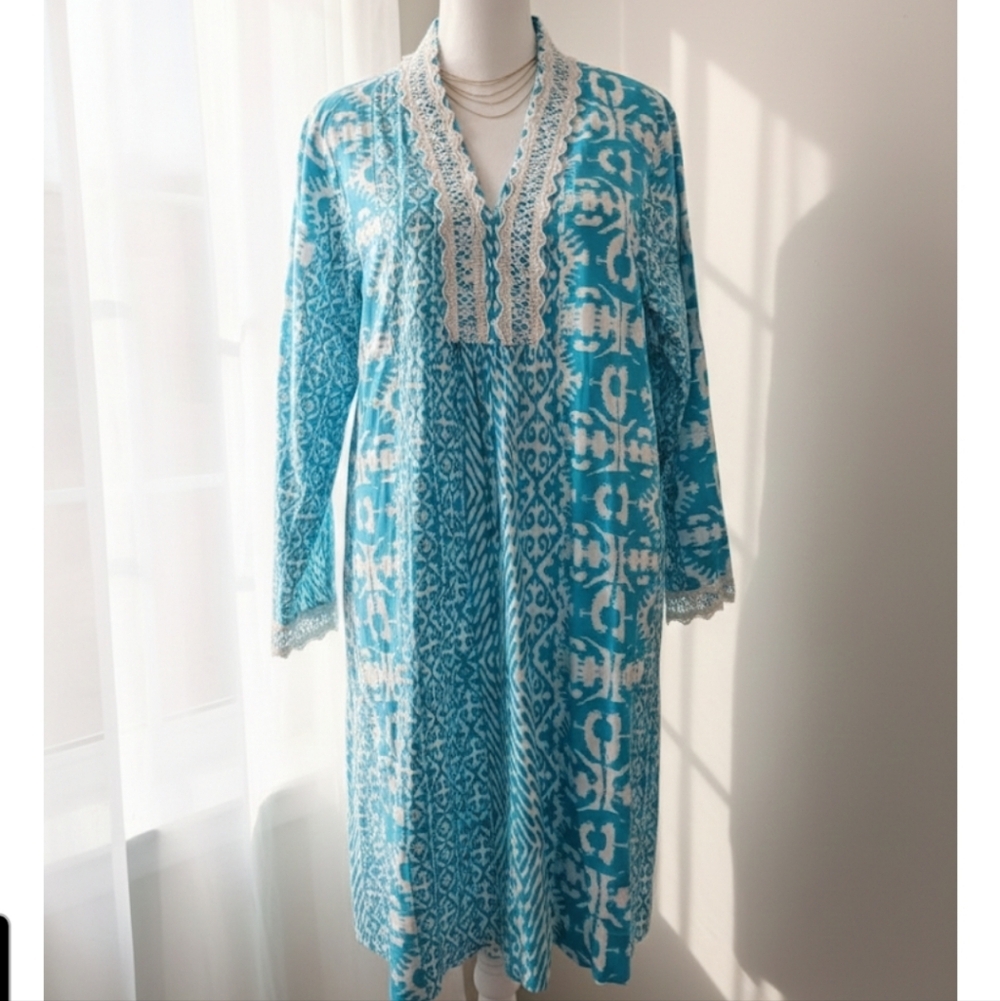 Oscar de la Renta Neiman Marcus Bohemian Retreat Ikat Tent Dress Lace V-Neck M